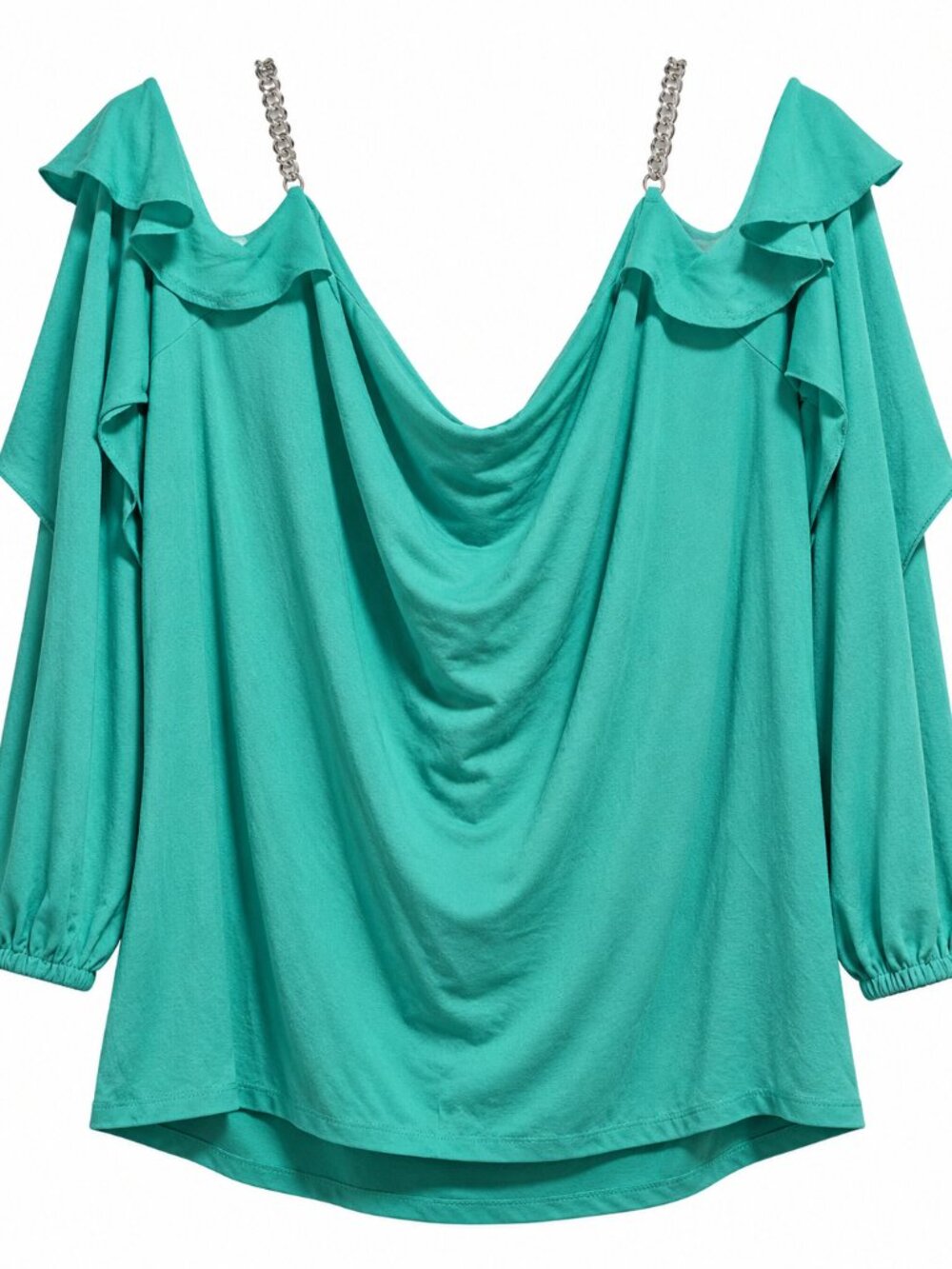 MICHAEL Michael Kors Cold Shoulder Chain Strap Ruffle Blouse XXL Turquoise